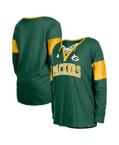New Era Women's Green Green Bay Packers Lace-up Notch-neck Long Sleeve T-shirt