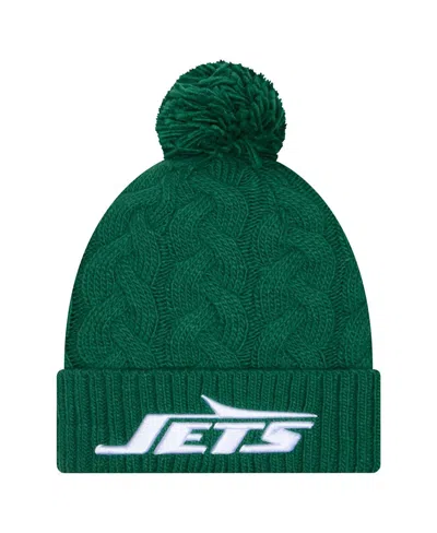 New Era Women's Green New York Jets Cable Cuffed Knit With Pom Hat