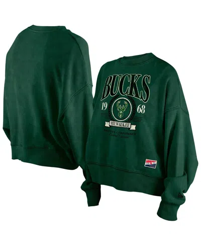 New Era Women's Hunter Green Milwaukee Bucks Hardwood Classics Enzyme Wash Oversized Boxy Pullover Sweatshir