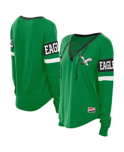 New Era Women's Kelly Green Philadelphia Eagles Plus Size Throwback Lace-up Long Sleeve T-shirt