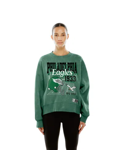 New Era Women's Kelly Green Philadelphia Eagles Throwback Mineral Wash Boxy Fleece Crewneck Sweatshirt
