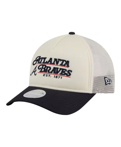 New Era Women's Light Beige/navy Atlanta Braves Retro 9forty M-crown A-frame Trucker Adjustable Hat In Light Beige,navy