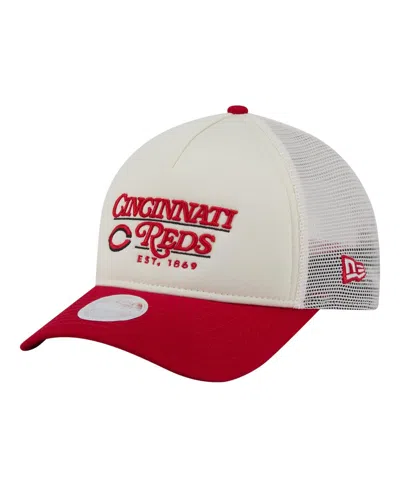 New Era Women's Light Beige/red Cincinnati Reds Retro 9forty M-crown A-frame Trucker Adjustable Hat