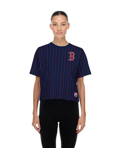 New Era Women's Navy Boston Red Sox Throwback Meshback Pinstripe Boxy T-shirt In Blue