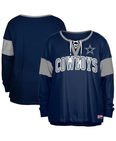 New Era Women's Navy Dallas Cowboys Plus Size Lace-up Notch Neck Long Sleeve T-shirt In Blue
