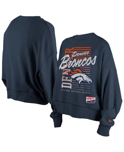 New Era Women's Navy Denver Broncos Oversized Throwback Mineral Wash Crew Neck Sweatshirt In Blue