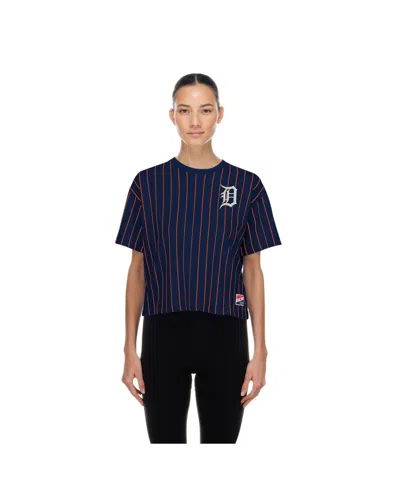 New Era Women's Navy Detroit Tigers Throwback Meshback Pinstripe Boxy T-shirt In Blue