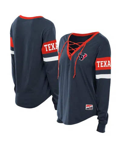 New Era Women's Navy Houston Texans Plus Size Throwback Lace-up Long Sleeve T-shirt In Blue