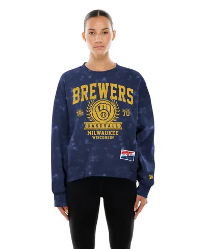 New Era Women's Navy Milwaukee Brewers Throwback Oversized Boxy Sweatshirt In Blue