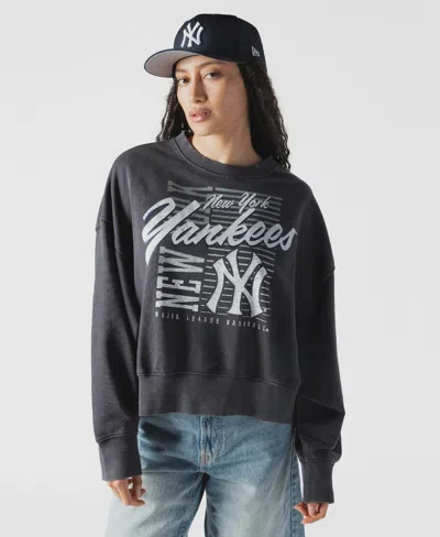 New Era Women's Navy New York Yankees Boxy Mineral Wash Dolmen Sleeve Cropped Sweatshirt In Gray