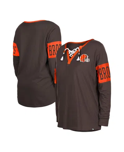 New Era Women's  Brown Cleveland Browns Lace-up Notch Neck Long Sleeve T-shirt