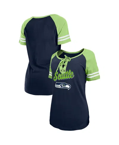 New Era Women's  College Navy, Neon Green Seattle Seahawks Logo Lace-up Raglan T-shirt In Navy,neon Green