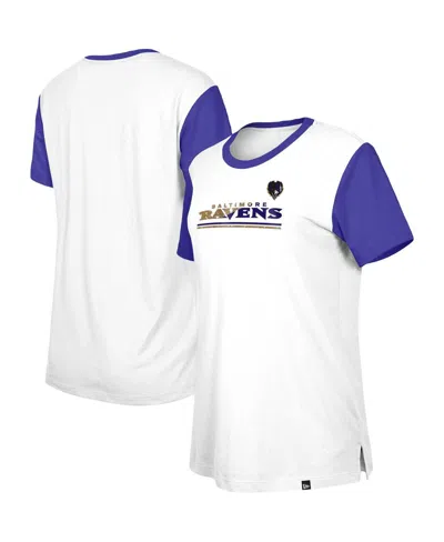 NEW ERA WOMEN'S NEW ERA WHITE, PURPLE BALTIMORE RAVENS THIRD DOWN COLORBLOCK T-SHIRT