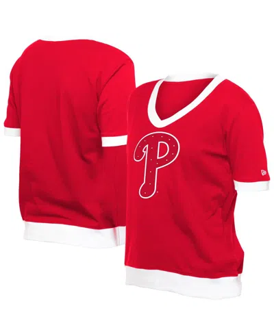 New Era Women's Red Philadelphia Phillies Game Day Rhinestone V-neck T-shirt