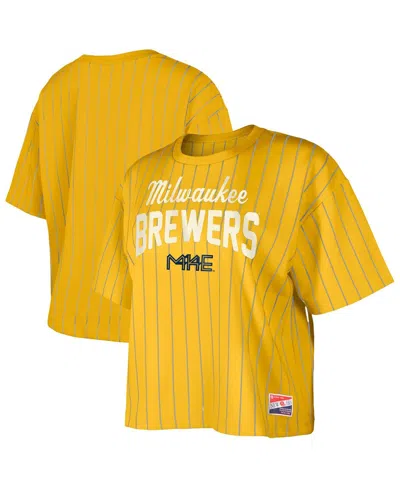 New Era Women's Gold Milwaukee Brewers City Connect Multiplier Pinstripe Cropped T-shirt