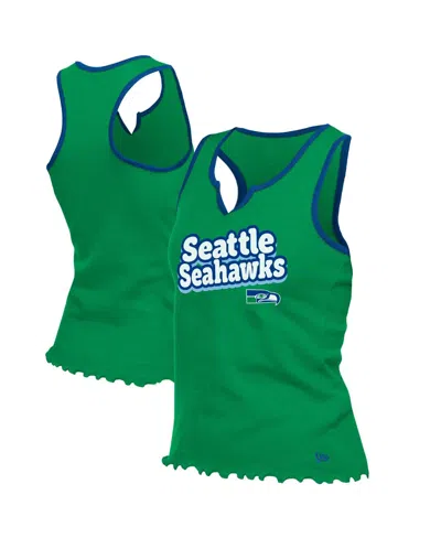 New Era Women'sâ Neon Green Seattle Seahawks Lettuce Hem Notch Neck Tri-blend Tank Top In Brown