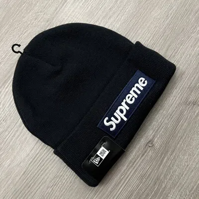 Pre-owned New Era X Supreme New Era Box Logo Beanie Fw25 Navy In Blue