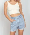 New In Elastic High Waist Distressed Washed Denim Shorts In Light Indigo