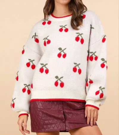 New In Oversized Cherry Knit Sweater In Oatmeal In White