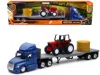 New Ray Freightliner Cascadia With Flatbed Trailer Blue With Farm Tractor Red And Hay Bales "long Haul Truck