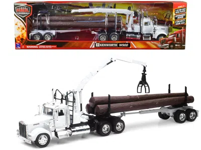 New Ray Kenworth W900 Log Hauler With Grabber White With Log Accessories "long Haul Trucker" Series 1/32 Die In Brown