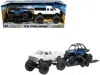 New Ray Lifted Pickup Truck White And Polaris Rzr Xp Turbo Blue With Flatbed Trailer "xtreme Off-road" Serie In White