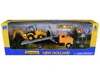 New Ray Peterbilt 335 Roll-off Flatbed Truck And New Holland B110c Backhoe Loader With Street Signs "new Hol In Yellow