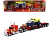New Ray Peterbilt 379 Truck With Lowboy Trailer Red With Orange Flames And Monster Truck Yellow With Blue Fl