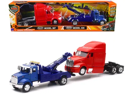 New Ray Peterbilt Model 335 Tow Truck Blue And Peterbilt Model 387 Cab Red Set Of 2 Pieces 1/43 By