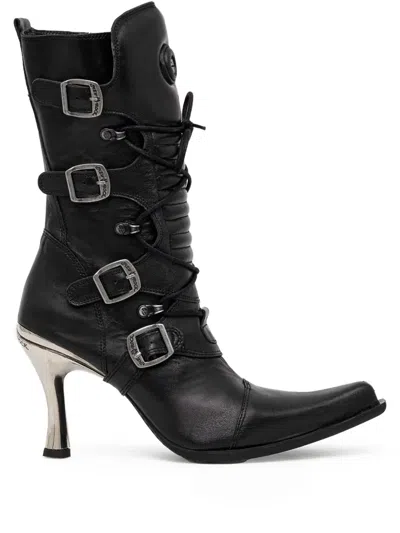 New Rock 100mm Buckle Heel Boots In Black