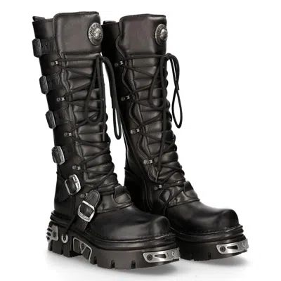 New Rock 272 Metallic Goth Leather Buckle Boots Punk In Black