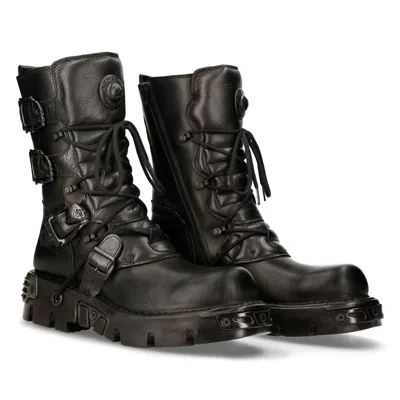 New Rock 391-s18 Leather Mid Calf Boots In Black