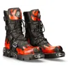 New Rock 591-s1 Flame Metallic Leather Goth Boots In Red