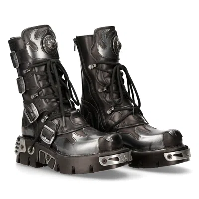 New Rock 591-s2 Flame Leather Punk Goth Boots In Black