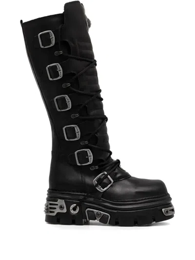 New Rock 70mm Reactor Buckled Knee-high Boots In Black