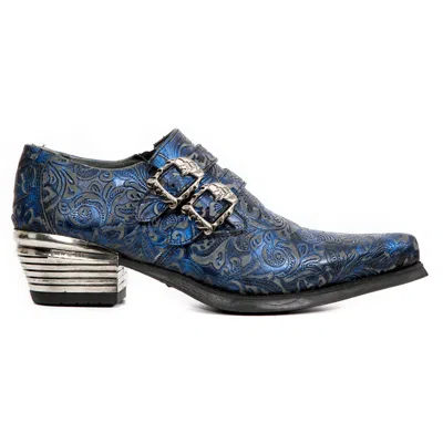 New Rock 7960-s7 Embossed Leather Steel Buckle Shoes In Blue