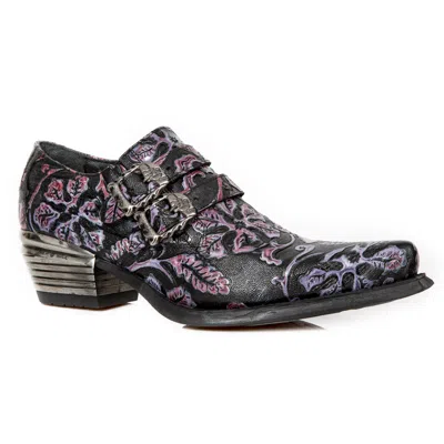 New Rock 7960-s8 Embossed Vintage Leather Heel Shoes In Multi
