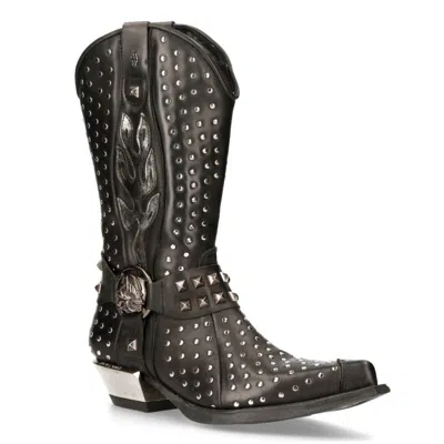 New Rock Black Leather Studded Cowboy Boots- M-7928-s1