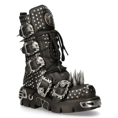 New Rock Black Leather Studded Gothic Boots-1535-s1