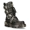 New Rock Silver Cross Black Leather Biker Boots-407-s1 In Black