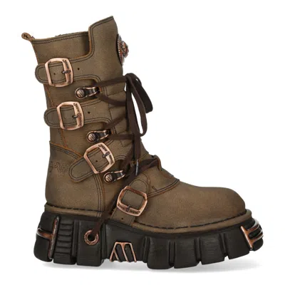 New Rock Brown Leather Gothic Mid-calf Biker Boots - M-373xl-c120 In Multi