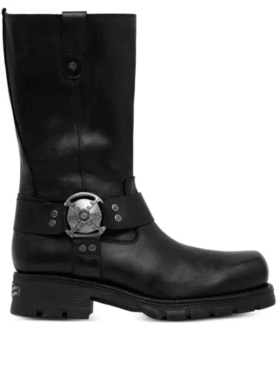 New Rock Buckle-strap Biker Boots In Black