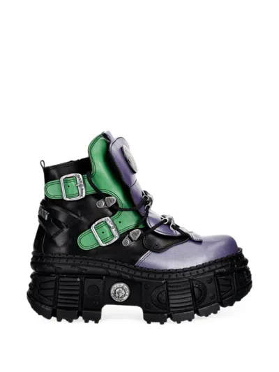 New Rock Buckled Platform Biker Boots In Multi