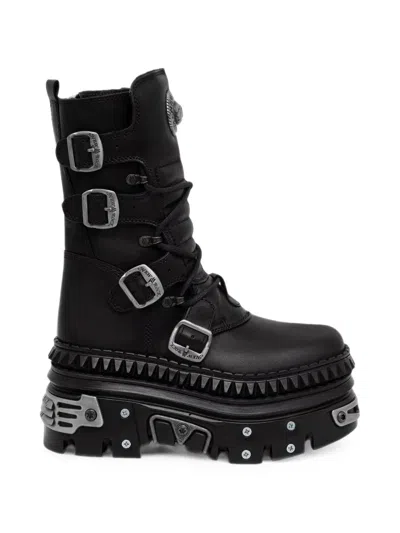 New Rock Buckled Platform Boots In Black