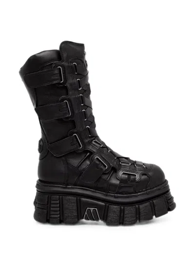 New Rock Buckle-strap Platform Boots In Black