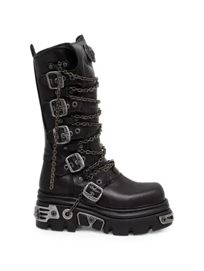 New Rock Chain-embellished Buckle-fastening Boots In Black