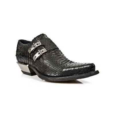 New Rock Embossed Python Black Leather Buckled Shoes-7934-s2