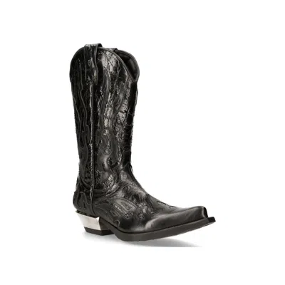 New Rock Flame Accented Black Leather Biker Cowboy Boots- M-7921-s1