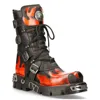 New Rock Flame Accented Black/red Leather Biker Skull Boots- 107-s1 In Black