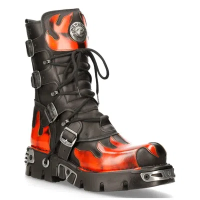 New Rock Flame Accented Black/red Leather Boots- 591-s1 In Brown